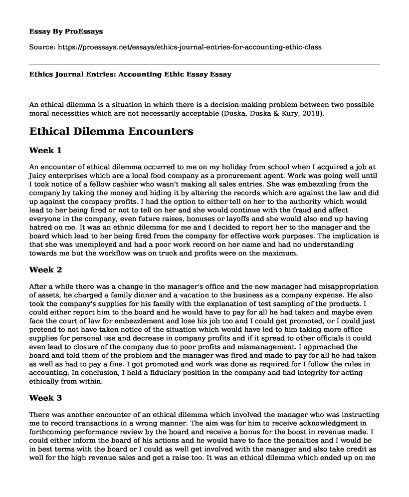 Ethics Journal Entries: Accounting Ethic Essay