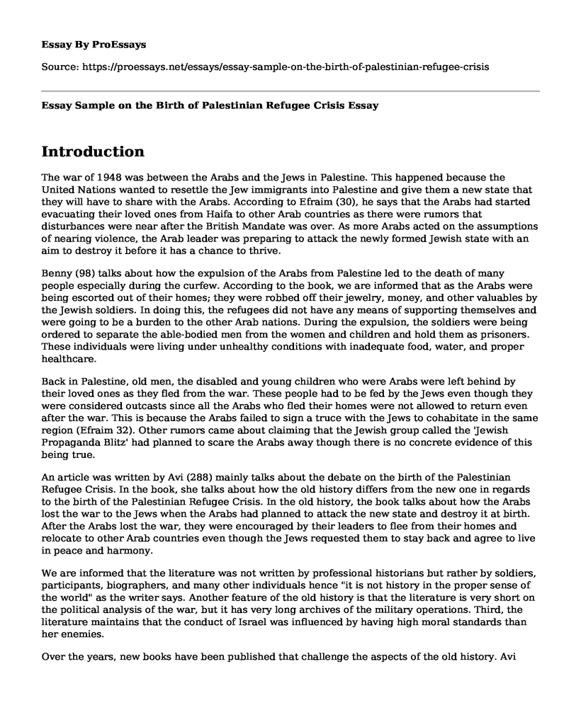 Essay Sample on the Birth of Palestinian Refugee Crisis