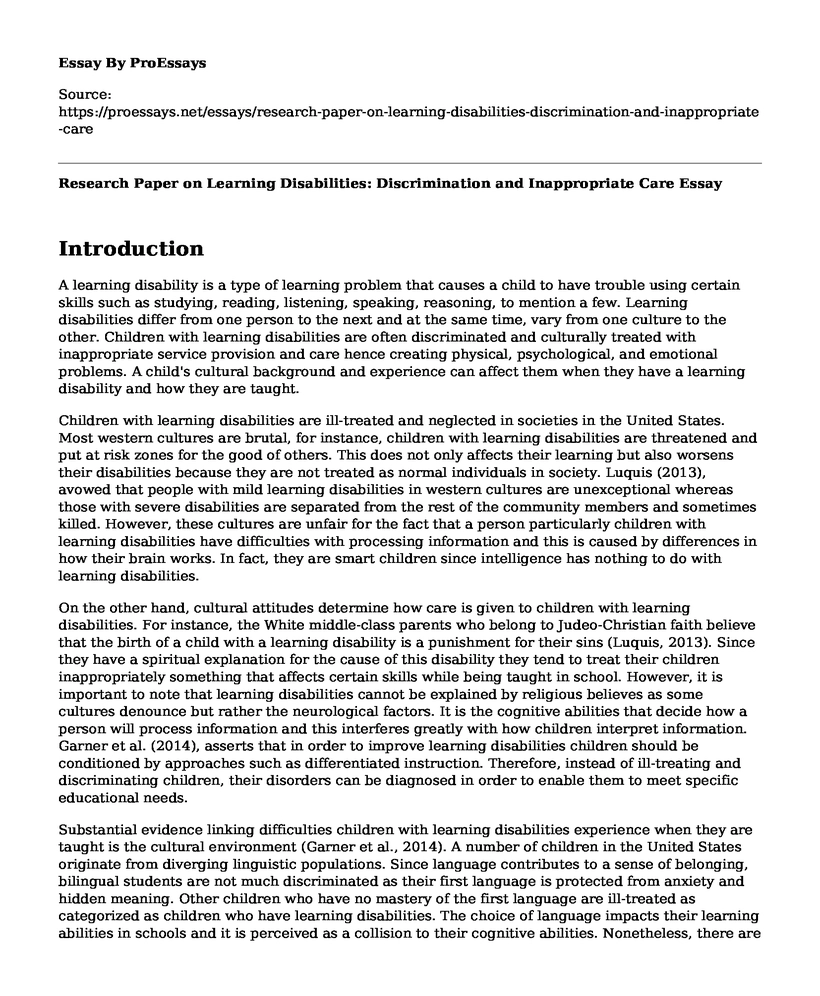Research Paper on Learning Disabilities: Discrimination and Inappropriate Care