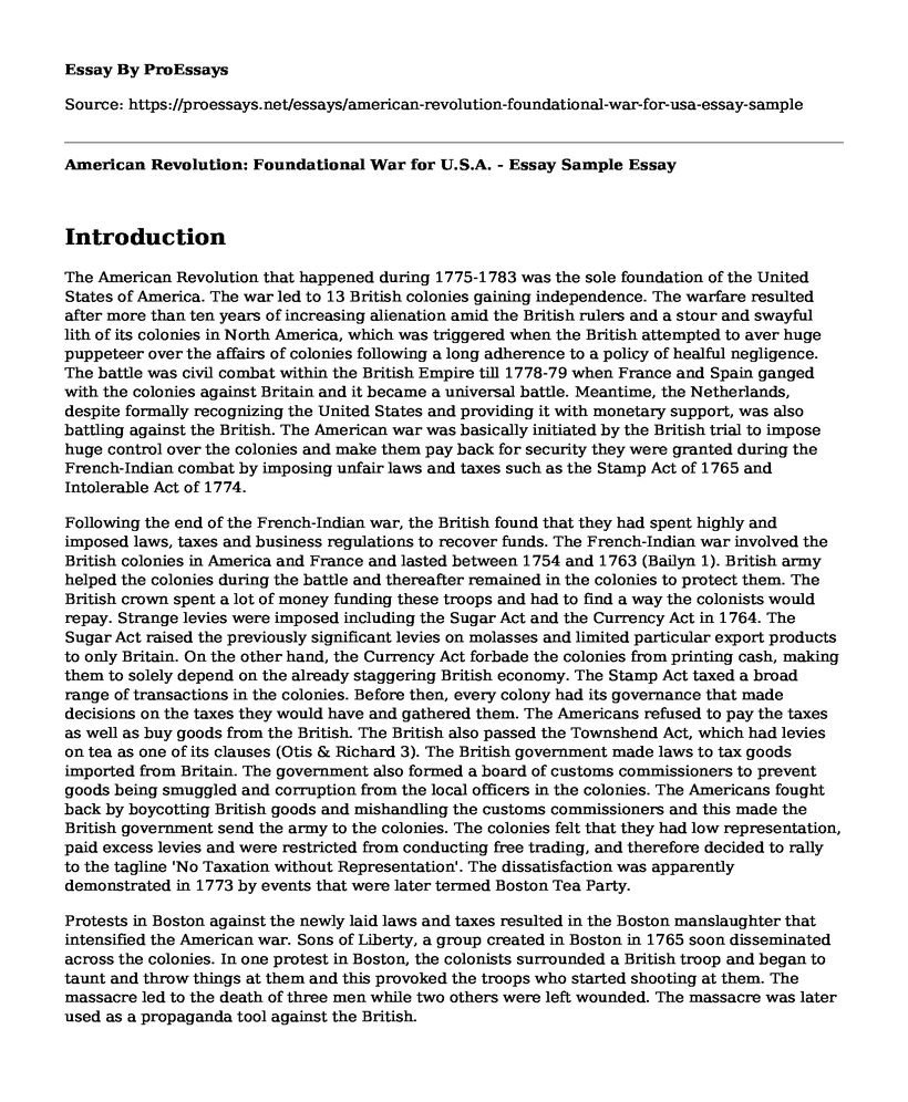 American Revolution: Foundational War for U.S.A. - Essay Sample