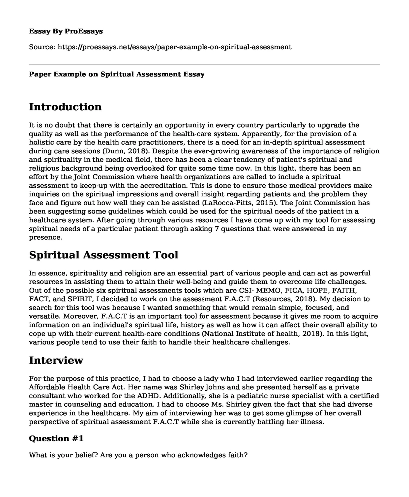 Paper Example on Spiritual Assessment