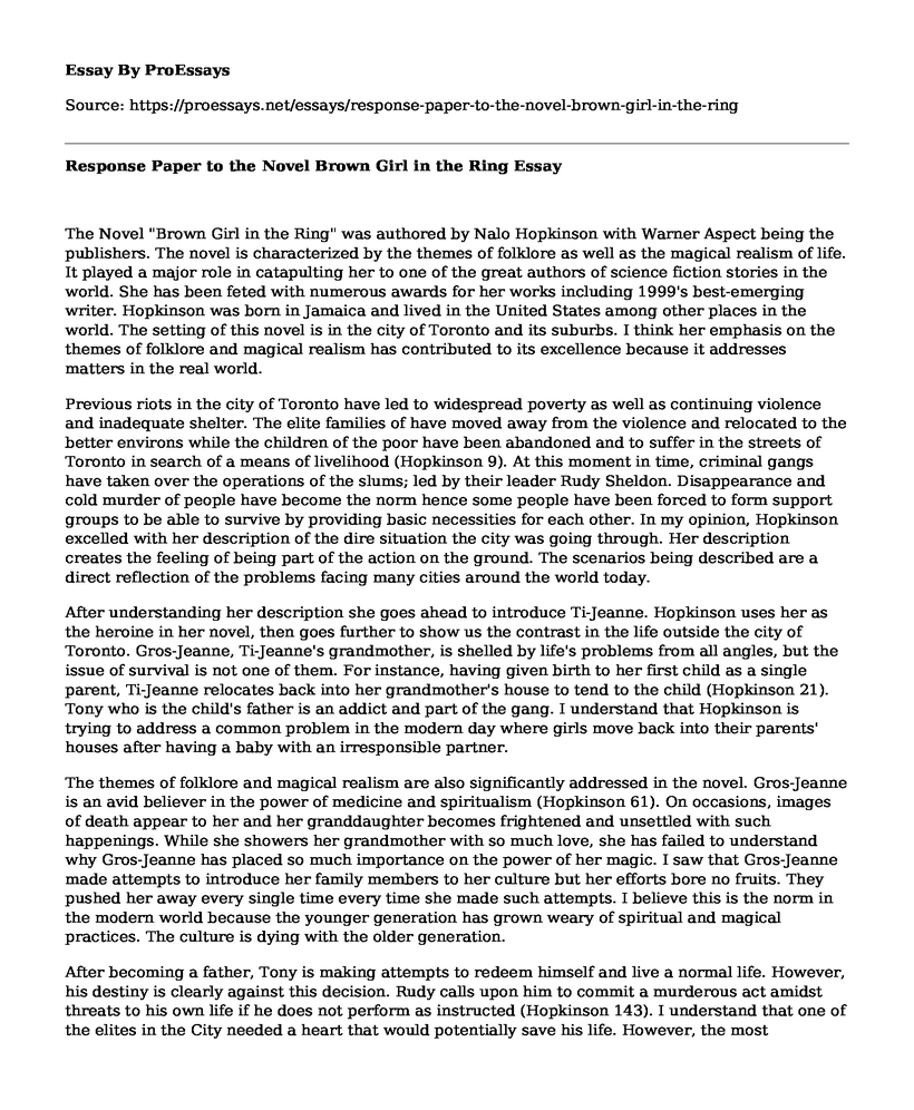 Response Paper to the Novel Brown Girl in the Ring