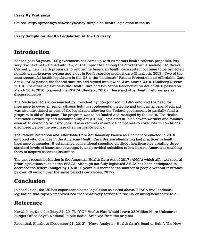 Essay Sample on Health Legislation in the US
