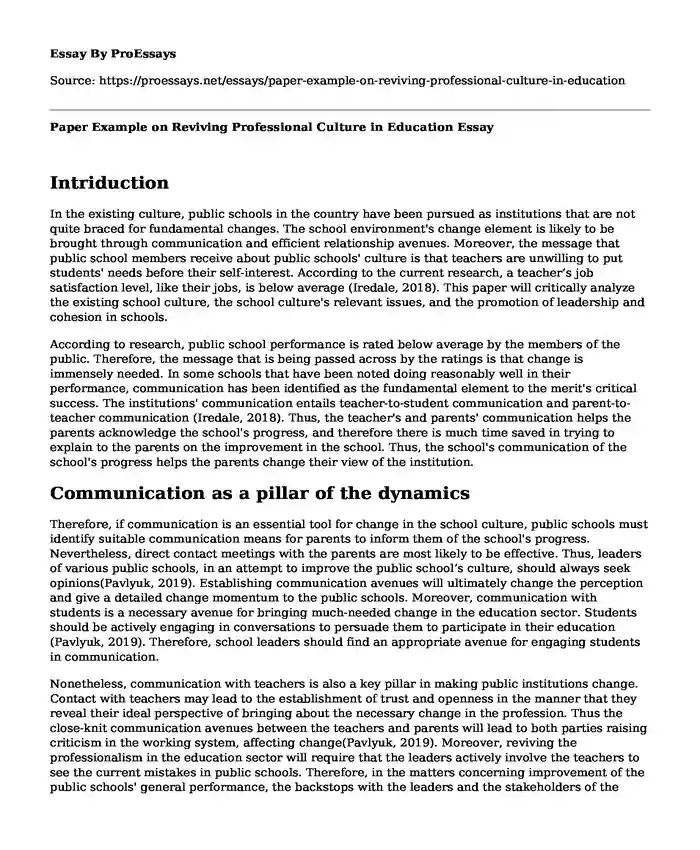 Paper Example on Reviving Professional Culture in Education