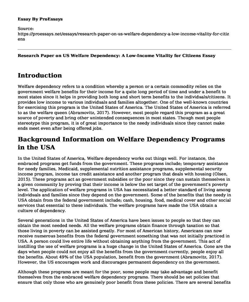 Research Paper on US Welfare Dependency: A Low-Income Vitality for Citizens