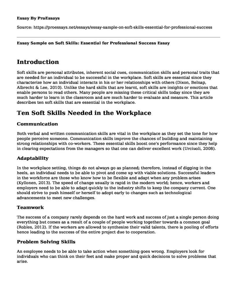 Essay Sample on Soft Skills: Essential for Professional Success