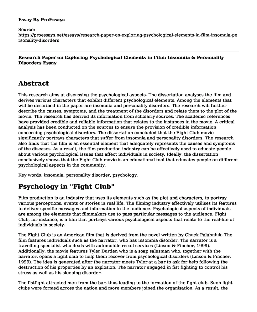 Research Paper on Exploring Psychological Elements in Film: Insomnia & Personality Disorders