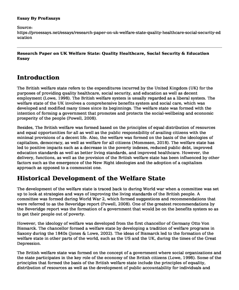 Research Paper on UK Welfare State: Quality Healthcare, Social Security & Education