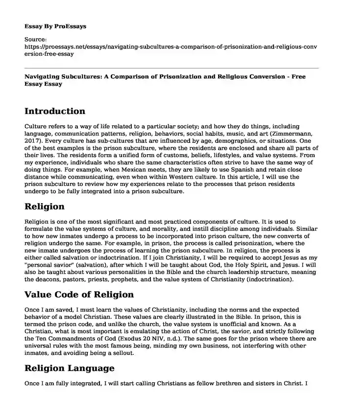 Navigating Subcultures: A Comparison of Prisonization and Religious Conversion - Free Essay