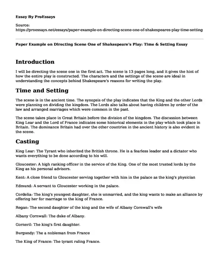 Paper Example on Directing Scene One of Shakespeare's Play: Time & Setting