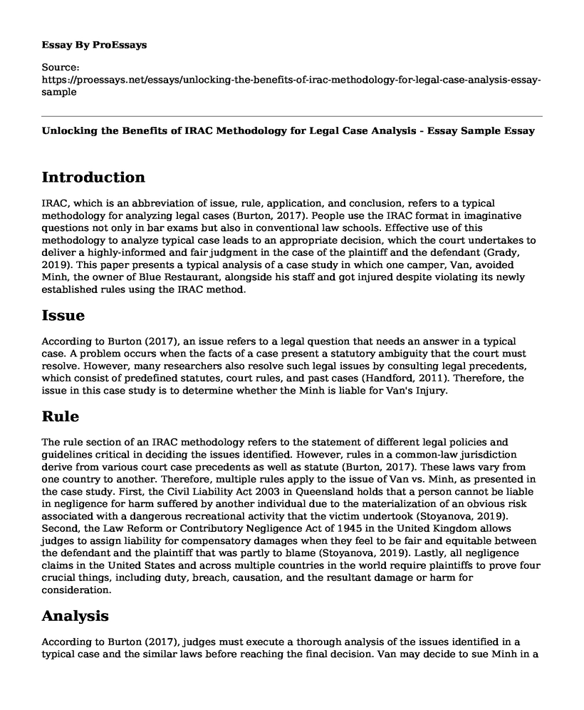 Unlocking the Benefits of IRAC Methodology for Legal Case Analysis - Essay Sample