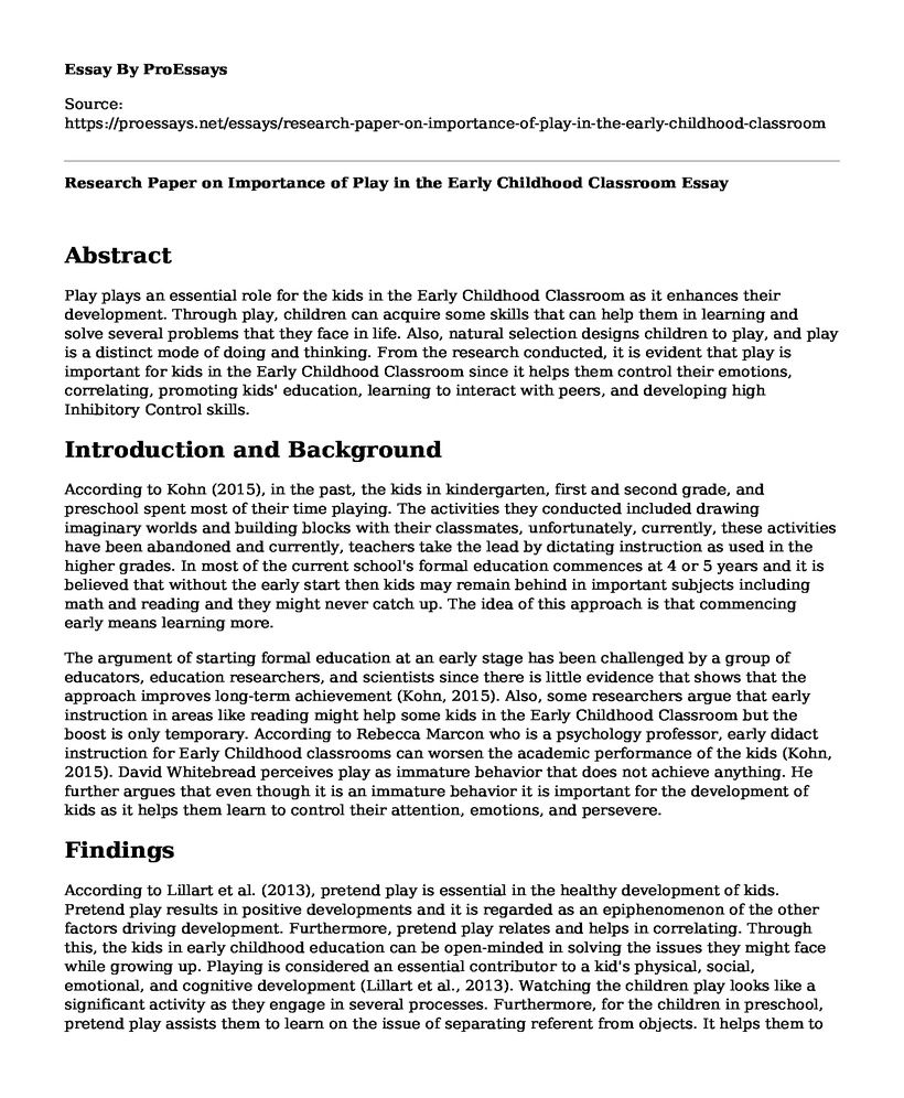 Research Paper on Importance of Play in the Early Childhood Classroom