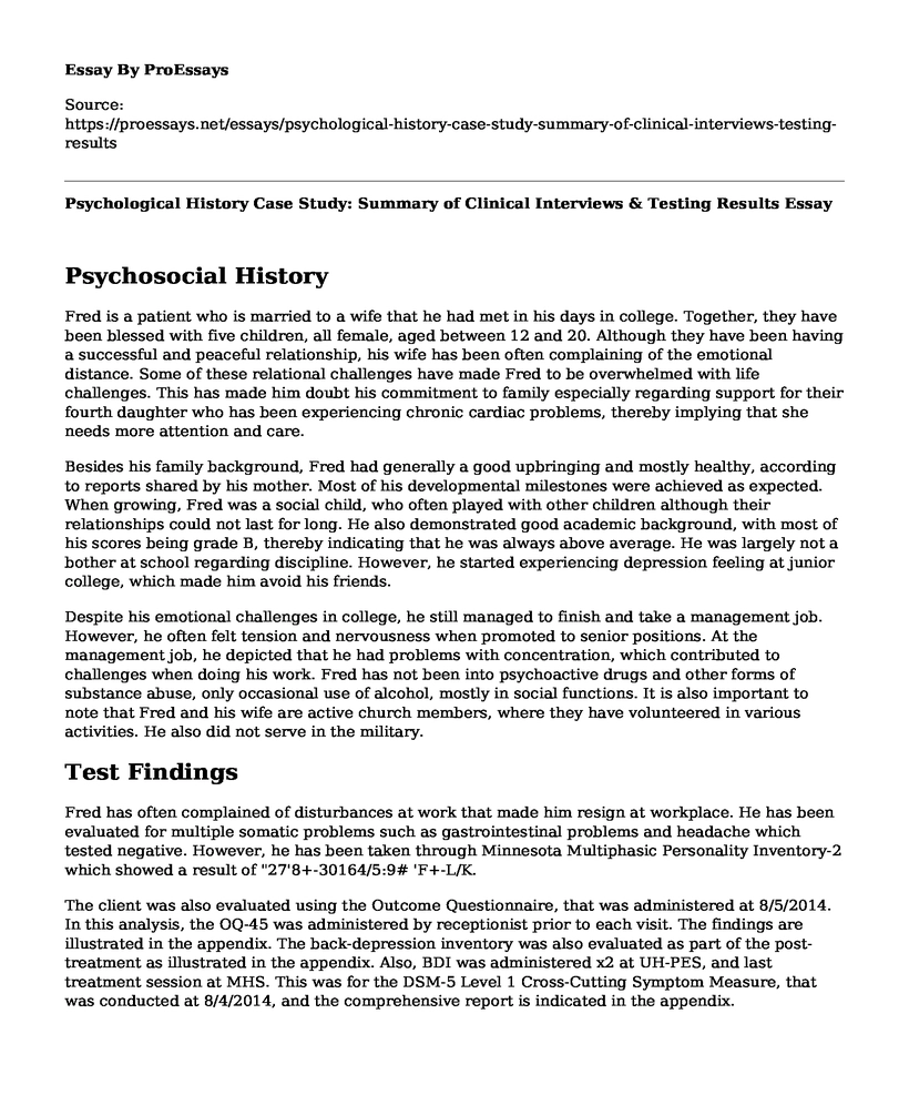 Psychological History Case Study: Summary of Clinical Interviews & Testing Results