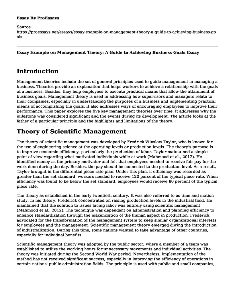 Essay Example on Management Theory: A Guide to Achieving Business Goals
