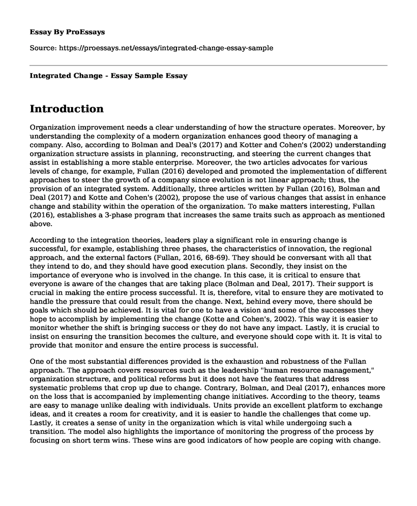 Integrated Change - Essay Sample