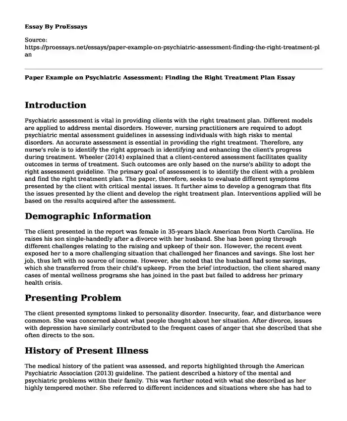 Paper Example on Psychiatric Assessment: Finding the Right Treatment Plan