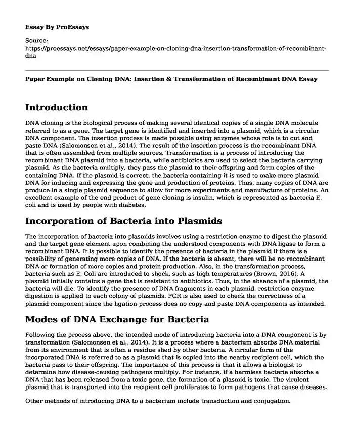 Paper Example on Cloning DNA: Insertion & Transformation of Recombinant DNA