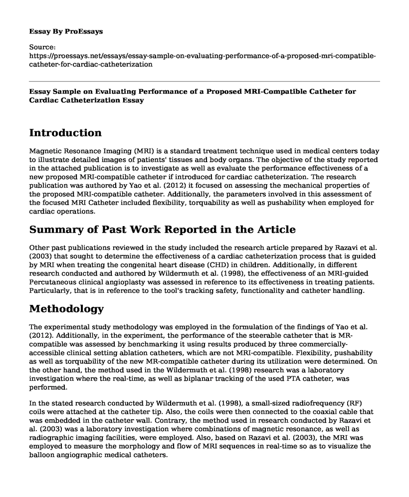 Essay Sample on Evaluating Performance of a Proposed MRI-Compatible Catheter for Cardiac Catheterization