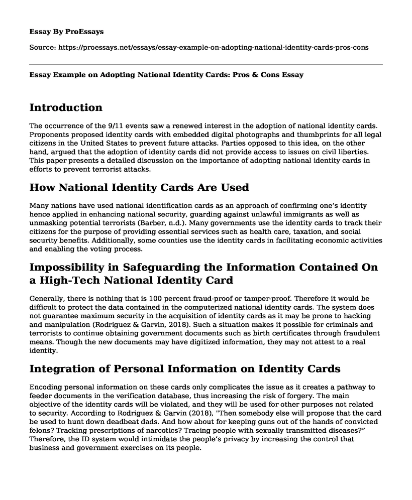 Essay Example on Adopting National Identity Cards: Pros & Cons