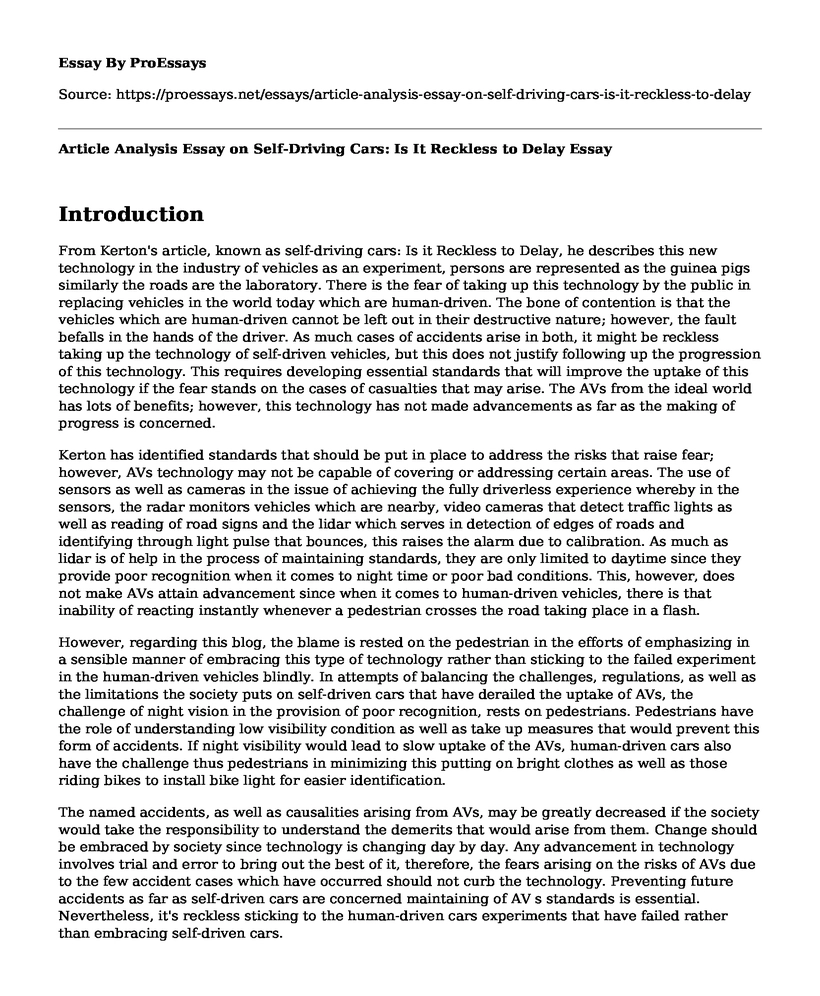 Article Analysis Essay on Self-Driving Cars: Is It Reckless to Delay