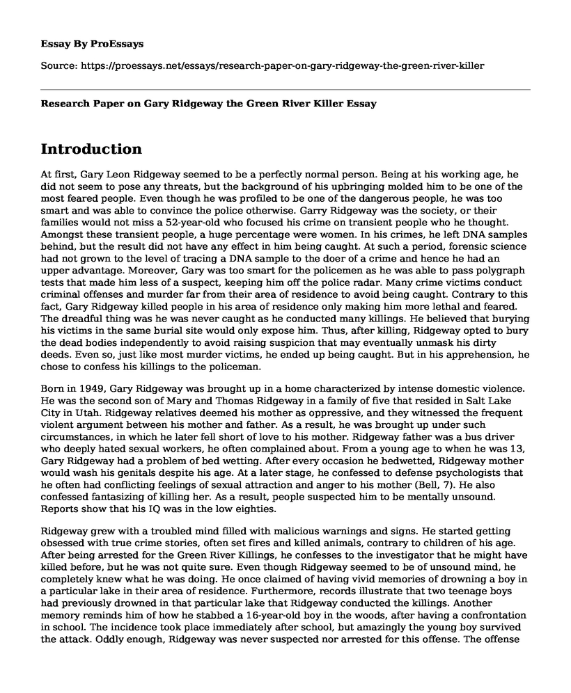 Research Paper on Gary Ridgeway the Green River Killer
