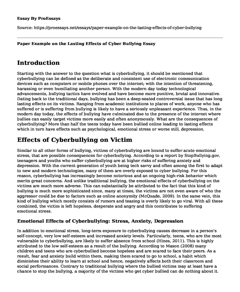 Paper Example on the Lasting Effects of Cyber Bullying