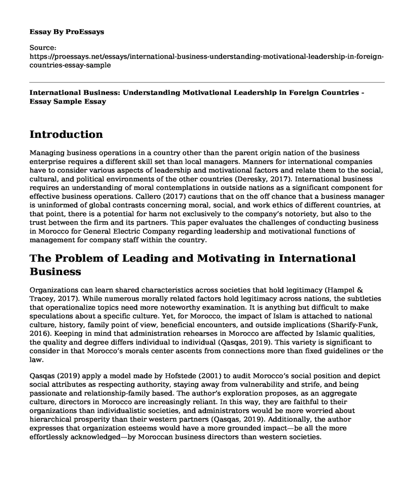 International Business: Understanding Motivational Leadership in Foreign Countries - Essay Sample