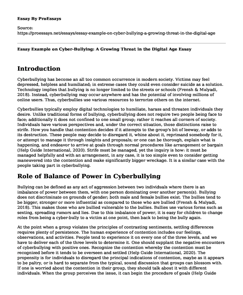 Essay Example on Cyber-Bullying: A Growing Threat in the Digital Age