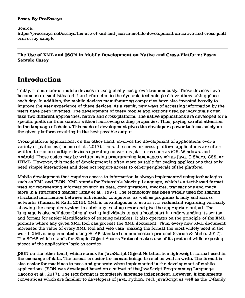 The Use of XML and JSON in Mobile Development on Native and Cross-Platform: Essay Sample
