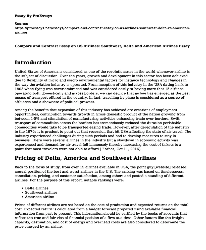 Compare and Contrast Essay on US Airlines: Southwest, Delta and American Airlines