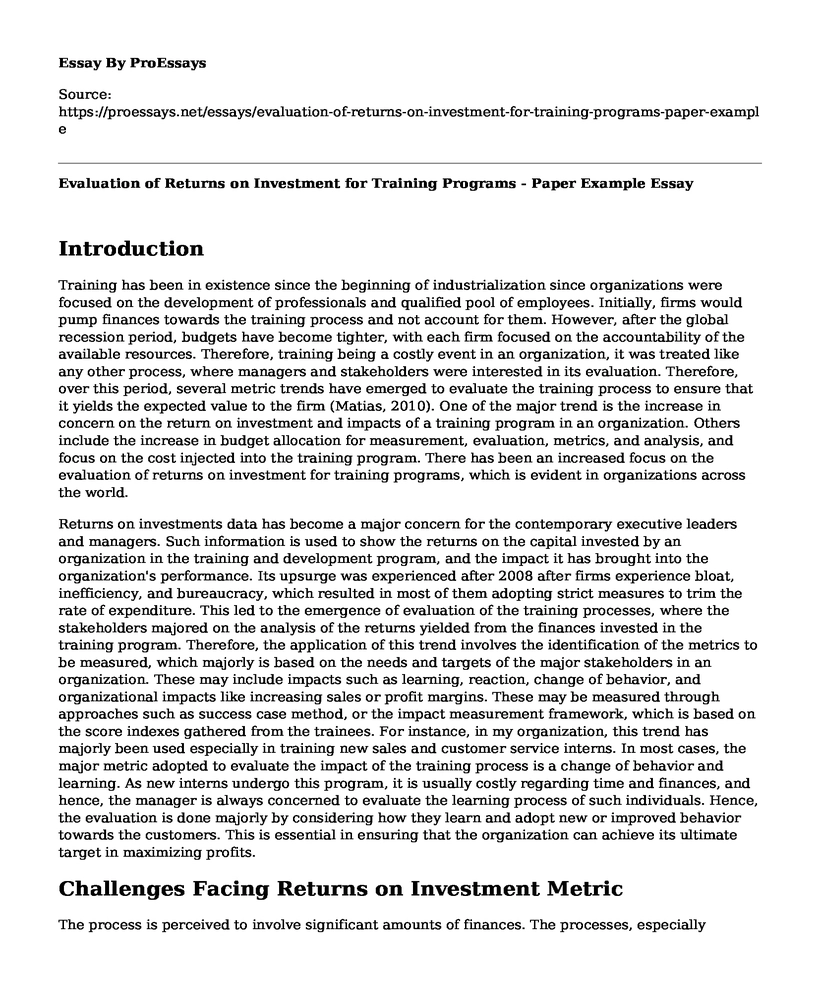 Evaluation of Returns on Investment for Training Programs - Paper Example