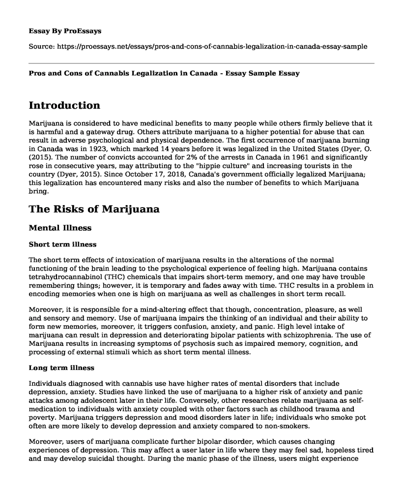 Pros and Cons of Cannabis Legalization in Canada - Essay Sample