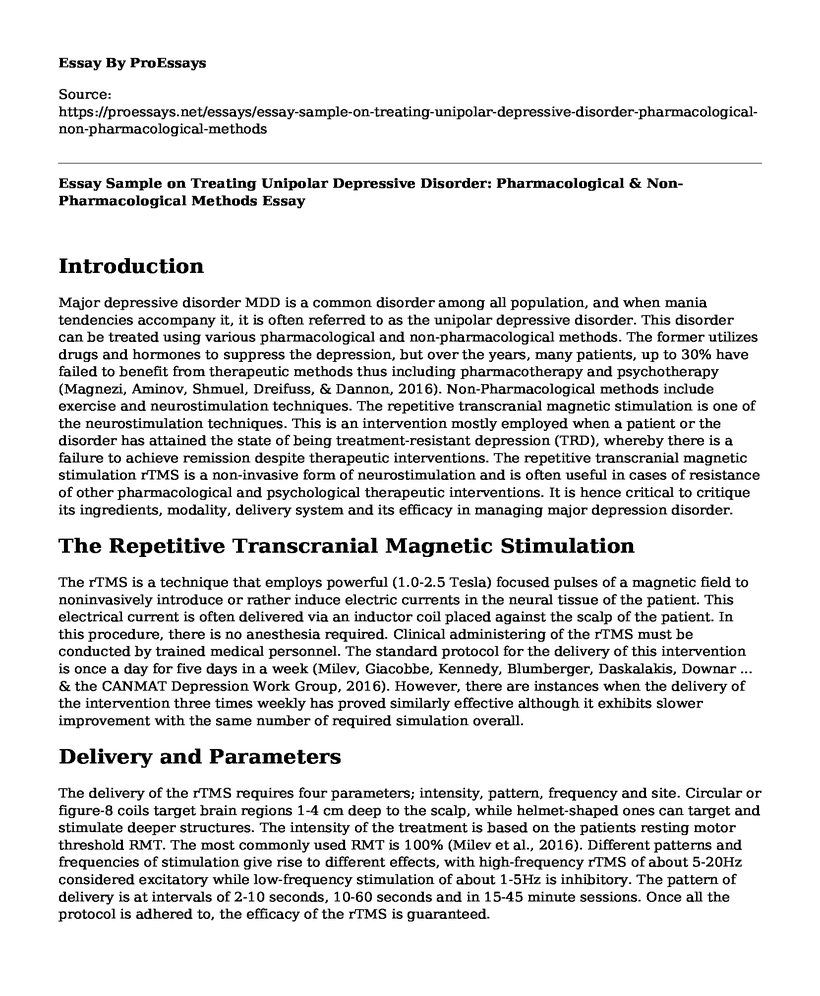 Essay Sample on Treating Unipolar Depressive Disorder: Pharmacological & Non-Pharmacological Methods