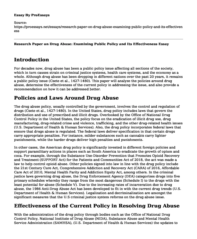 Research Paper on Drug Abuse: Examining Public Policy and Its Effectiveness