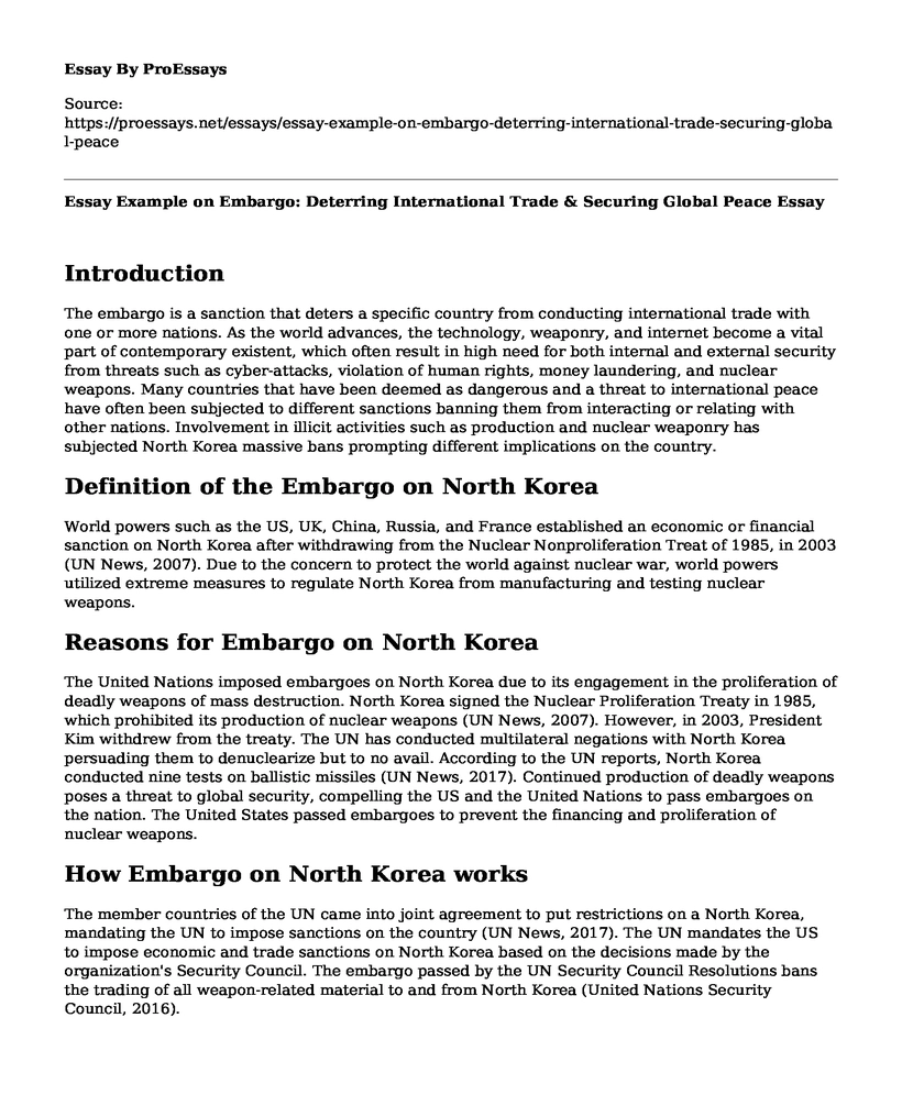 Essay Example on Embargo: Deterring International Trade & Securing Global Peace
