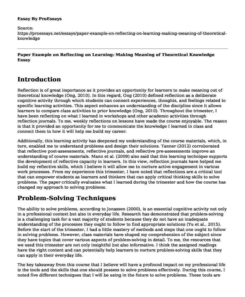Paper Example on Reflecting on Learning: Making Meaning of Theoretical Knowledge