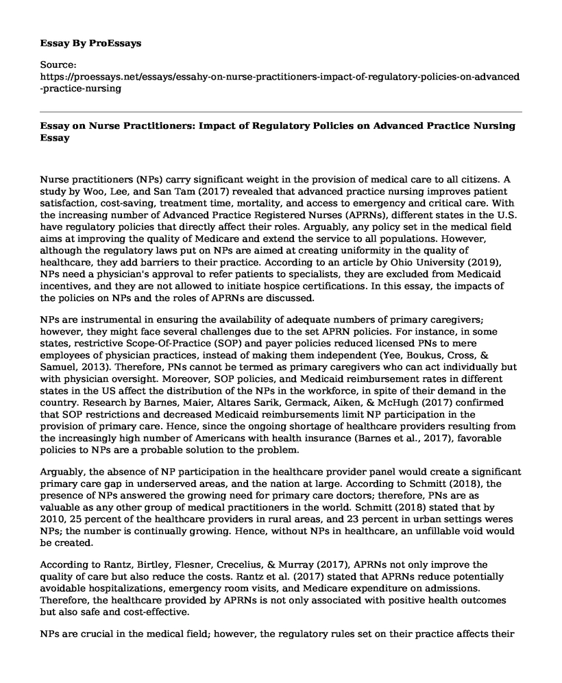 Essay on Nurse Practitioners: Impact of Regulatory Policies on Advanced Practice Nursing