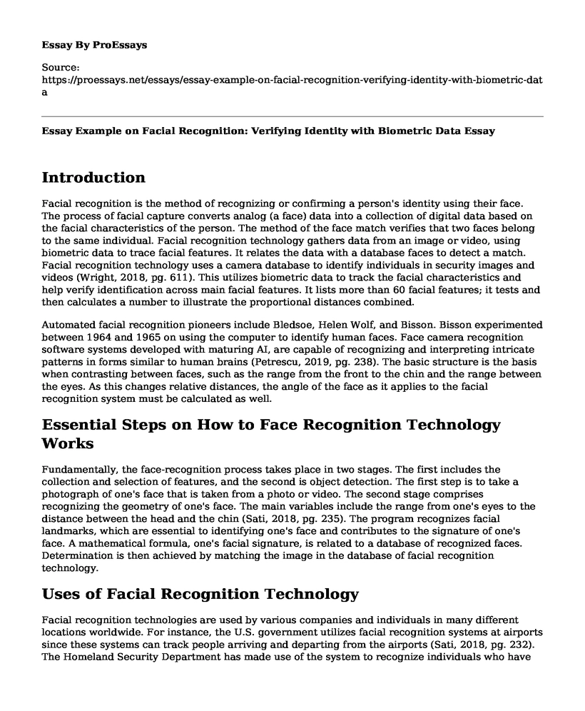 Essay Example on Facial Recognition: Verifying Identity with Biometric Data