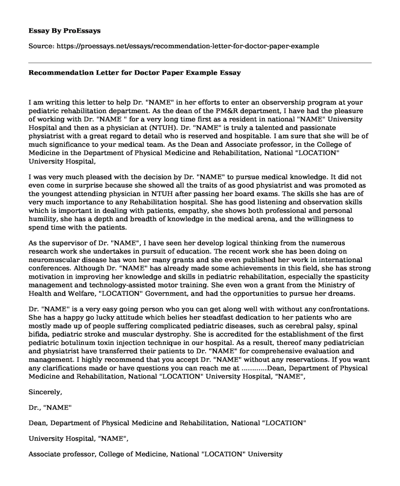 Recommendation Letter for Doctor Paper Example