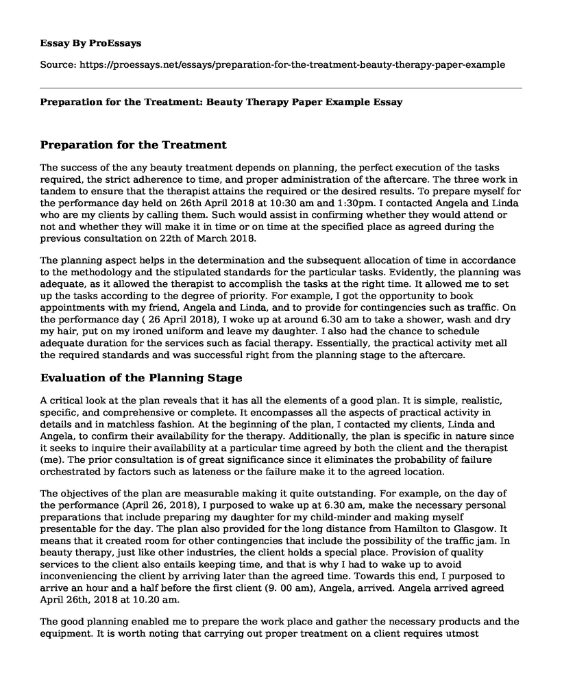 Preparation for the Treatment: Beauty Therapy Paper Example