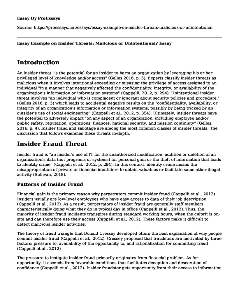 Essay Example on Insider Threats: Malicious or Unintentional?
