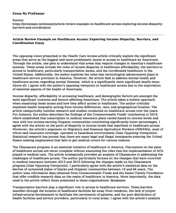 Article Review Example on Healthcare Access: Exploring Income Disparity, Barriers, and Coordination