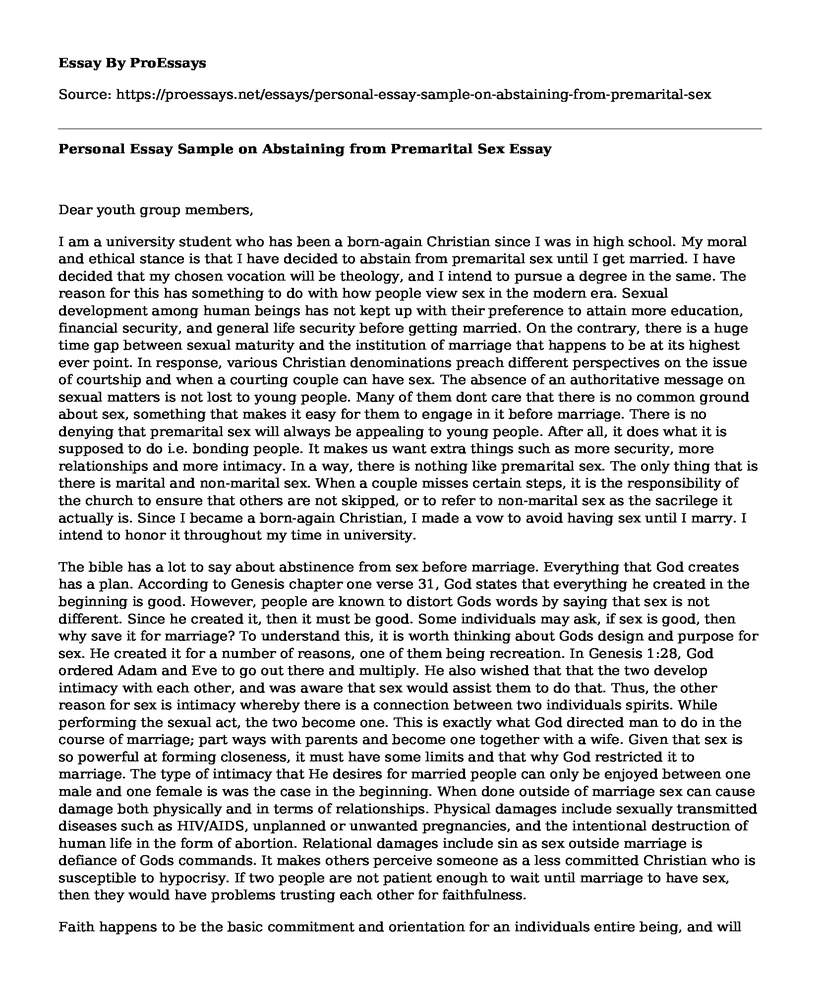 Personal Essay Sample on Abstaining from Premarital Sex
