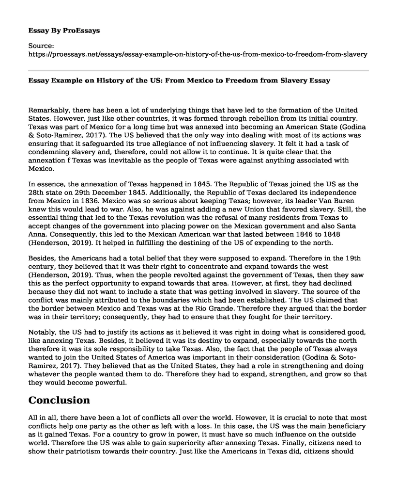 Essay Example on History of the US: From Mexico to Freedom from Slavery