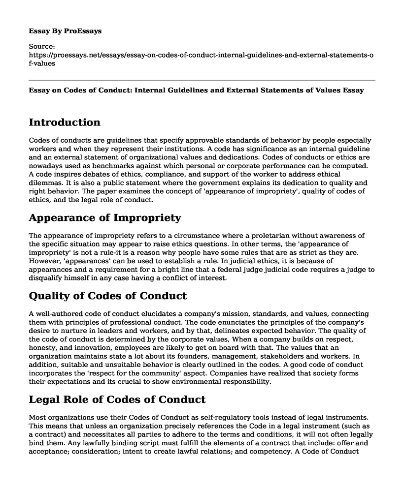 Essay on Codes of Conduct: Internal Guidelines and External Statements of Values