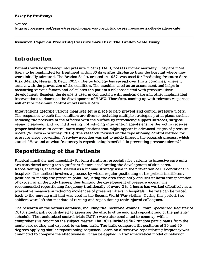 Research Paper on Predicting Pressure Sore Risk: The Braden Scale