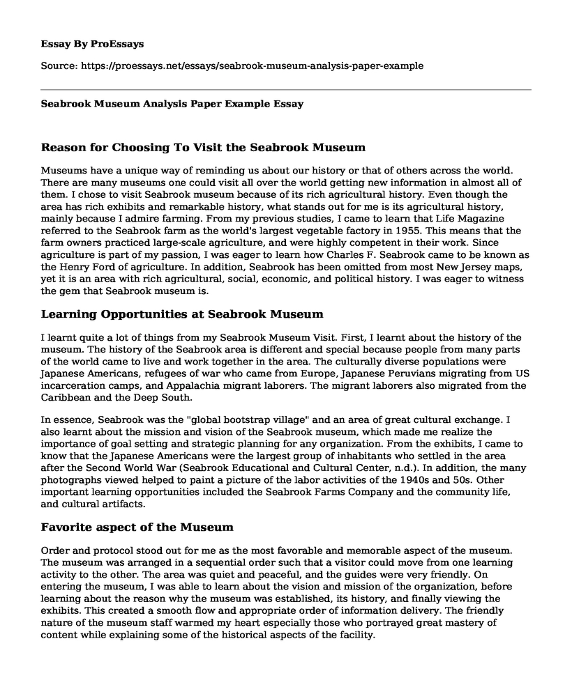 Seabrook Museum Analysis Paper Example