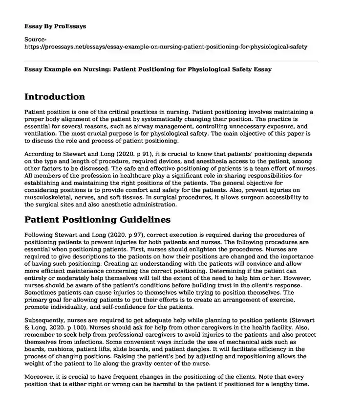 Essay Example on Nursing: Patient Positioning for Physiological Safety