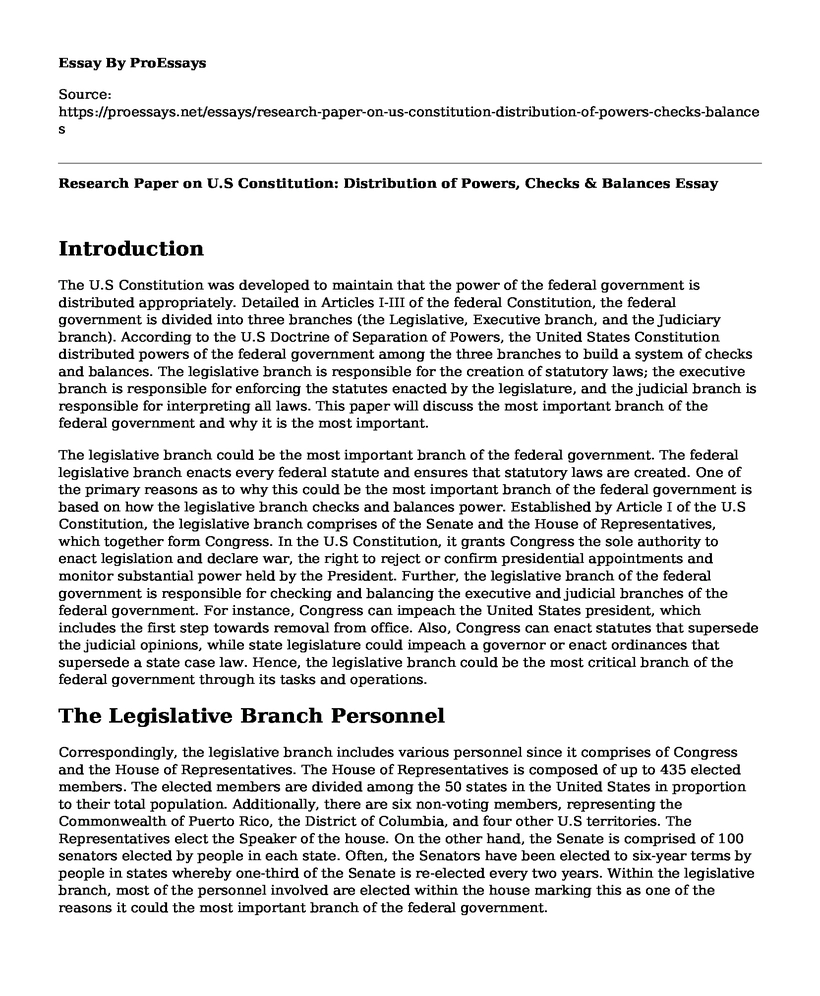 Research Paper on U.S Constitution: Distribution of Powers, Checks & Balances