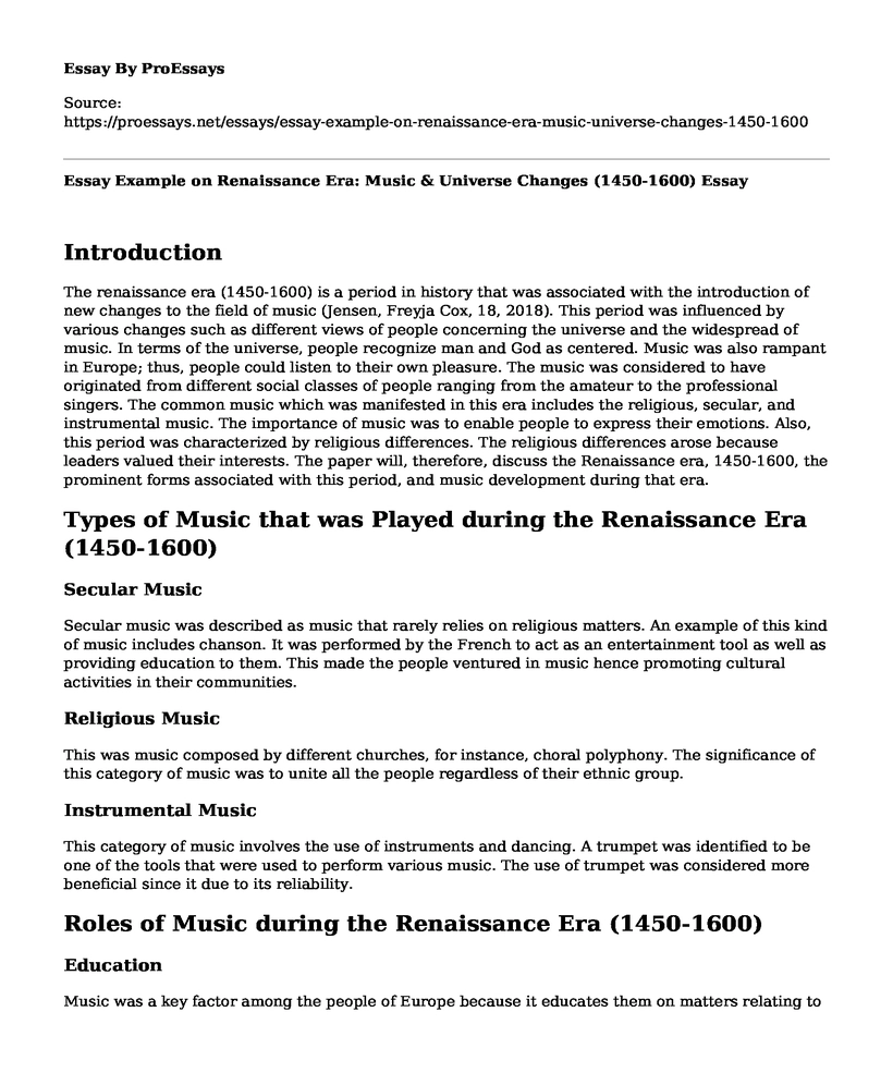 Essay Example on Renaissance Era: Music & Universe Changes (1450-1600)